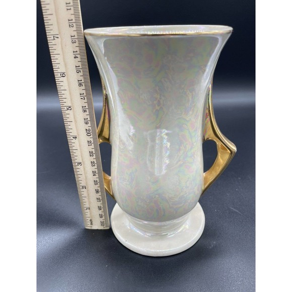 Vintage Iridescent Pearlescent Gold Lusterware Vase Hand Decorated 22KT 7” - Picture 11 of 11